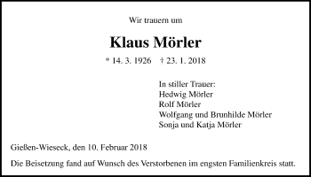 Traueranzeige von Klaus Mörler von Giessener Allgemeine, Alsfelder Allgemeine