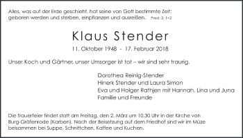 Traueranzeige von Klaus Stender von Wetterauer Zeitung, Wetterauer Zeitung