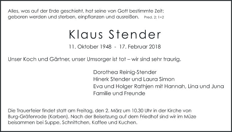  Traueranzeige für Klaus Stender vom 24.02.2018 aus Wetterauer Zeitung, Wetterauer Zeitung