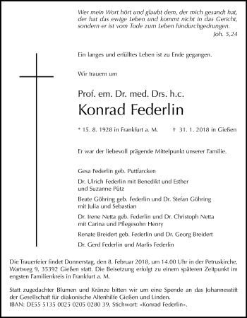 Traueranzeige von Konrad Federlin von Giessener Allgemeine, Alsfelder Allgemeine