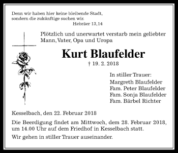 Traueranzeige von Kurt Blaufelder von Rabenauer Zeitung