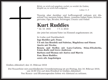 Traueranzeige von Kurt Ruddies von Giessener Allgemeine, Alsfelder Allgemeine