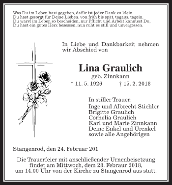 Traueranzeige von Lina Graulich von Giessener Allgemeine, Alsfelder Allgemeine