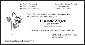 Traueranzeige von Liselotte Zeiger von Licher Wochenblatt, Licher Wochenblatt, Licher Wochenblatt