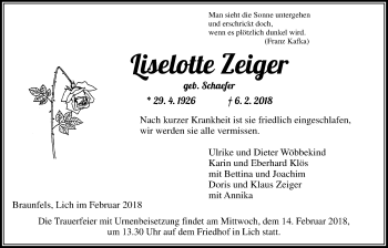 Traueranzeige von Liselotte Zeiger von Giessener Allgemeine, Alsfelder Allgemeine