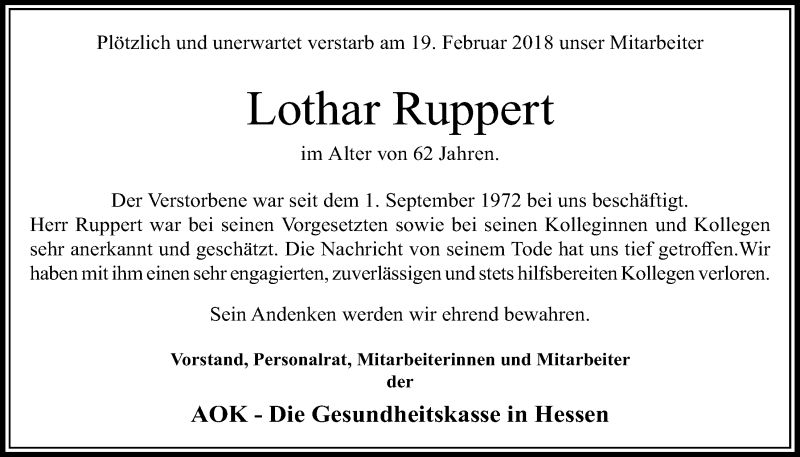  Traueranzeige für Lothar Ruppert vom 23.02.2018 aus Wetterauer Zeitung, Wetterauer Zeitung