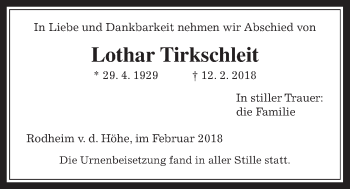 Traueranzeige von Lothar Tirkschleit von Wetterauer Zeitung, Wetterauer Zeitung