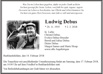 Traueranzeige von Ludwig Debus von Giessener Allgemeine, Alsfelder Allgemeine