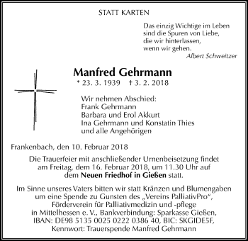 Traueranzeige von Manfred Gehrmann von Giessener Allgemeine, Alsfelder Allgemeine