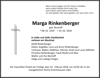 Traueranzeige von Marga Rinkenberger von Giessener Allgemeine, Alsfelder Allgemeine