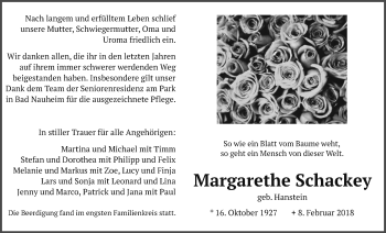 Traueranzeige von Margarethe Schackey von Wetterauer Zeitung, Wetterauer Zeitung