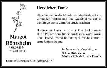 Traueranzeige von Margot Röhrsheim von Giessener Allgemeine, Alsfelder Allgemeine