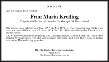 Traueranzeige von Maria Kreiling von Giessener Allgemeine, Alsfelder Allgemeine