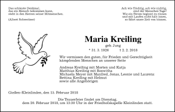 Traueranzeige von Maria Kreiling von Giessener Allgemeine, Alsfelder Allgemeine