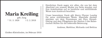 Traueranzeige von Maria Kreiling von Giessener Allgemeine, Alsfelder Allgemeine