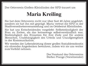 Traueranzeige von Maria Kreiling von Giessener Allgemeine, Alsfelder Allgemeine