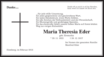 Traueranzeige von Maria Theresia Eder von Alsfelder Allgemeine