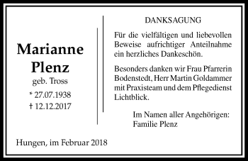 Traueranzeige von Marianne Plenz von Licher Wochenblatt, Licher Wochenblatt, Licher Wochenblatt