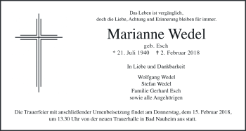 Traueranzeige von Marianne Wedel von Wetterauer Zeitung, Wetterauer Zeitung
