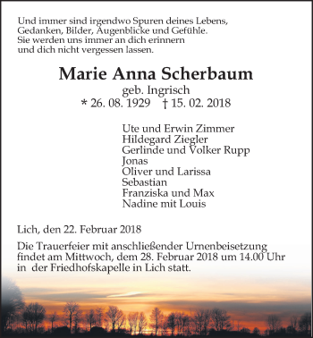 Traueranzeige von Marie Anna Scherbaum von Licher Wochenblatt, Licher Wochenblatt, Licher Wochenblatt