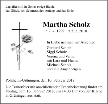 Traueranzeige von Martha Scholz von Giessener Allgemeine, Alsfelder Allgemeine