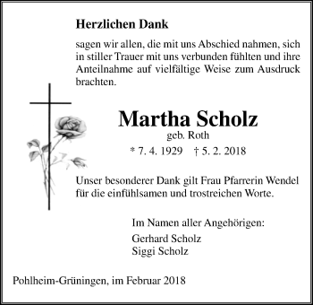 Traueranzeige von Martha Scholz von Giessener Allgemeine, Alsfelder Allgemeine