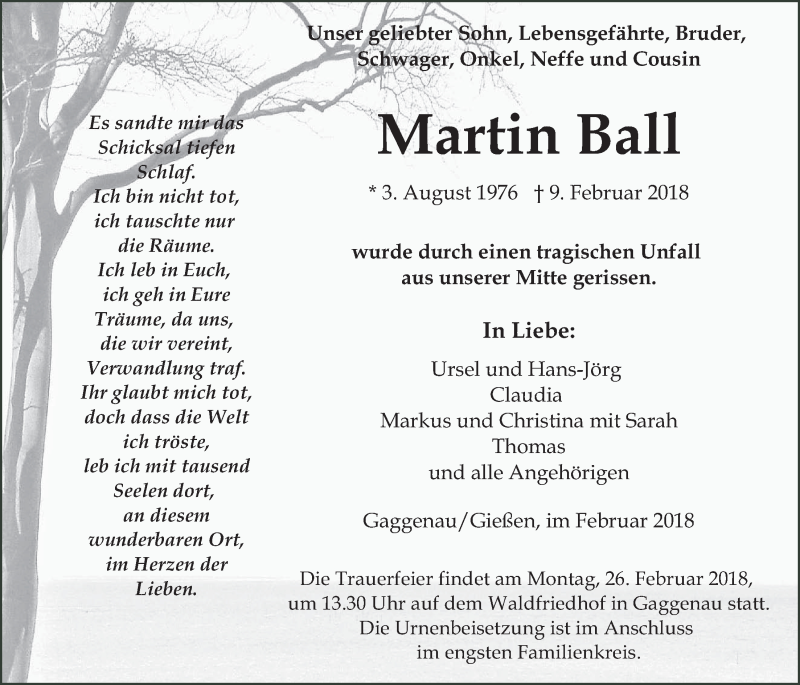  Traueranzeige für Martin Ball vom 22.02.2018 aus Giessener Allgemeine, Alsfelder Allgemeine