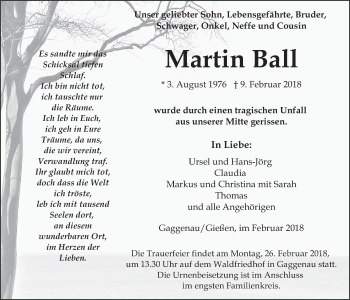 Traueranzeige von Martin Ball von Giessener Allgemeine, Alsfelder Allgemeine