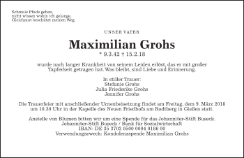Traueranzeige von Maximilian Grohs von Giessener Allgemeine, Alsfelder Allgemeine