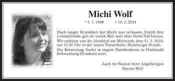 Traueranzeige von Michi Wolf von Wetterauer Zeitung, Wetterauer Zeitung