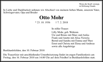 Traueranzeige von Otto Mohr von Giessener Allgemeine, Alsfelder Allgemeine