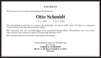 Traueranzeige von Otto Schmidt von Giessener Allgemeine, Alsfelder Allgemeine