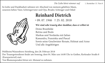 Traueranzeige von Reinhard Dietrich von Giessener Allgemeine, Alsfelder Allgemeine