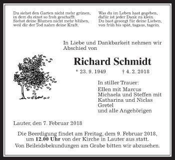 Traueranzeige von Richard Schmidt von Giessener Allgemeine, Alsfelder Allgemeine