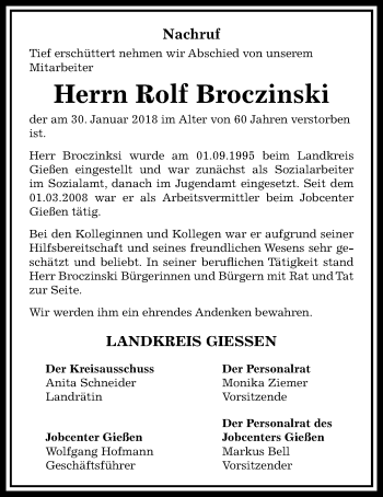 Traueranzeige von Rolf Broczinski von Giessener Allgemeine, Alsfelder Allgemeine