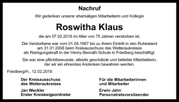 Traueranzeige von Roswitha Klaus von Wetterauer Zeitung, Wetterauer Zeitung