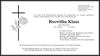 Traueranzeige von Roswitha Klaus von Wetterauer Zeitung, Wetterauer Zeitung