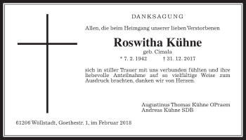 Traueranzeige von Roswitha Kühne von Wetterauer Zeitung, Wetterauer Zeitung