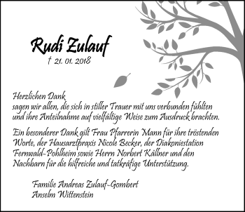 Traueranzeige von Rudi Zulauf von Pohlheimer Nachrichten