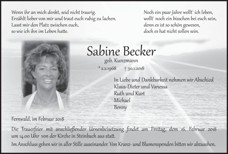  Traueranzeige für Sabine Becker vom 08.02.2018 aus Licher Wochenblatt, Licher Wochenblatt, Licher Wochenblatt