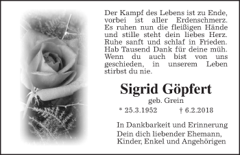 Traueranzeige von Sigrid Göpfert von Wetterauer Zeitung, Wetterauer Zeitung