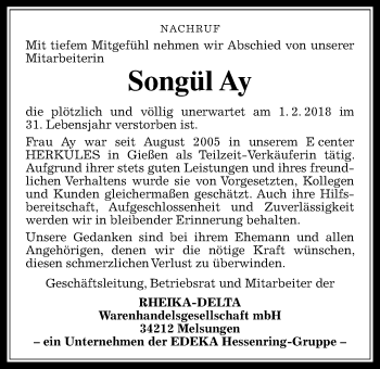 Traueranzeige von Songül Ay von Giessener Allgemeine, Alsfelder Allgemeine