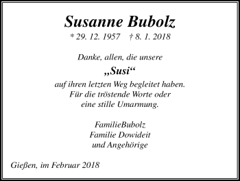 Traueranzeige von Susanne Bubolz von Giessener Allgemeine, Alsfelder Allgemeine