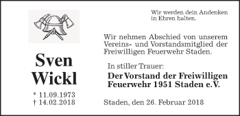 Traueranzeige von Sven Wickl von Wetterauer Zeitung, Wetterauer Zeitung