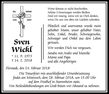 Traueranzeige von Sven Wickl von Wetterauer Zeitung, Wetterauer Zeitung