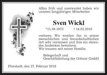 Traueranzeige von Sven Wickl von Giessener Allgemeine, Alsfelder Allgemeine, Wetterauer Zeitung, Wetterauer Zeitung