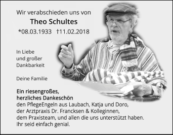 Traueranzeige von Theo Schultes von Licher Wochenblatt, Licher Wochenblatt, Licher Wochenblatt