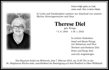 Traueranzeige von Therese Diel von Wetterauer Zeitung, Wetterauer Zeitung