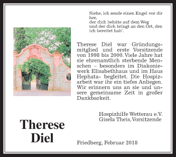 Traueranzeige von Therese Diel von Wetterauer Zeitung, Wetterauer Zeitung