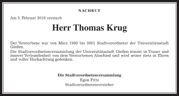 Traueranzeige von Thomas Krug von Giessener Allgemeine, Alsfelder Allgemeine